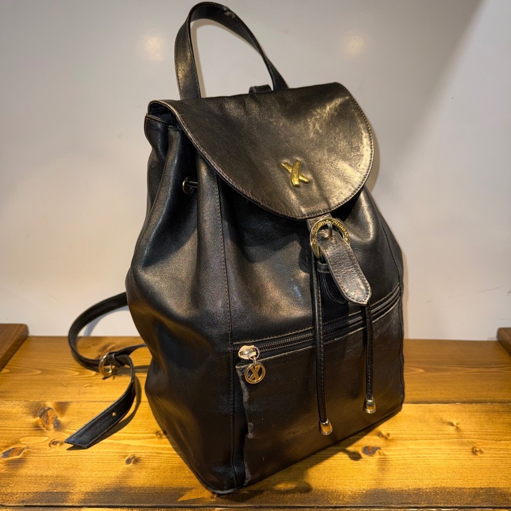 Vintage Paloma Picasso Black Leather Drawstring Large Backpack Made in Italy